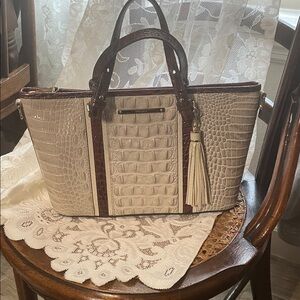 Brahmin Crocodile-Embossed Shoulder Bag - Cream and Brown